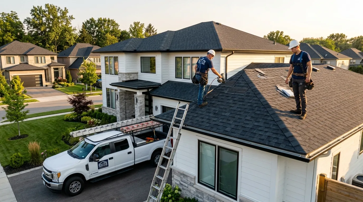 A trades crew on the jobsite with their truck and finished work